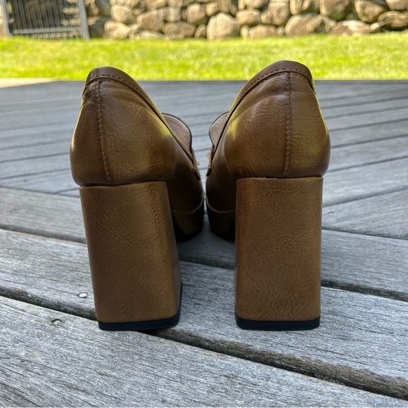 Also Love U Platform Square Toe Chunky High Heel Tassel Khaki Tan Loafers Sz 36 - Picture 11 of 16